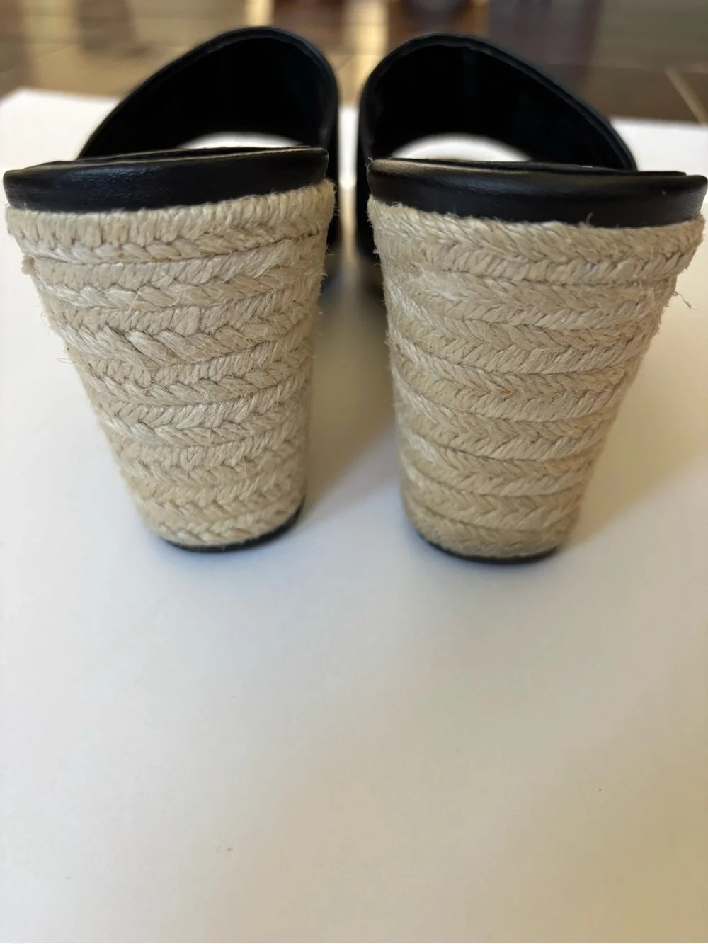 Calvin Klein Black Leather Bandera Wedge Espadrille Slide Sandal 3-1/2” Heel 8